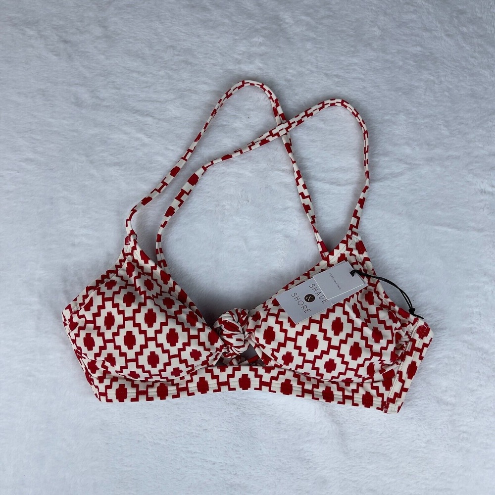 Shade & Shore Bikini Top Women's 34C Red Geo Print Longline Underwire Knot Front